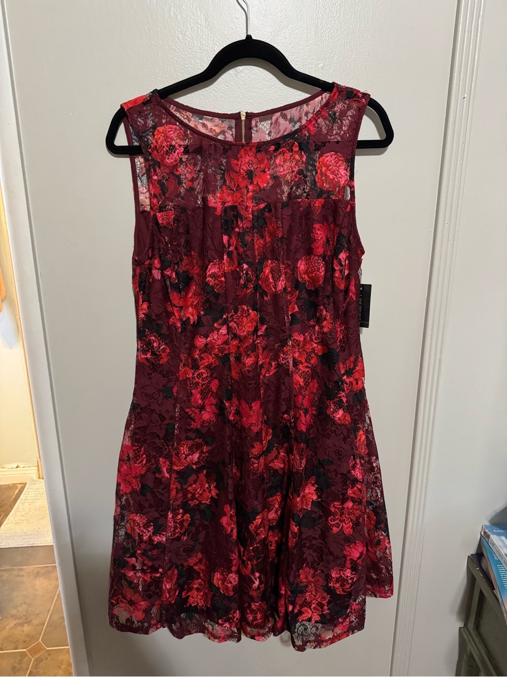 Lane Bryant NWT- Sleeveless Burgundy & Red Floral Fit-and-Flare Dress